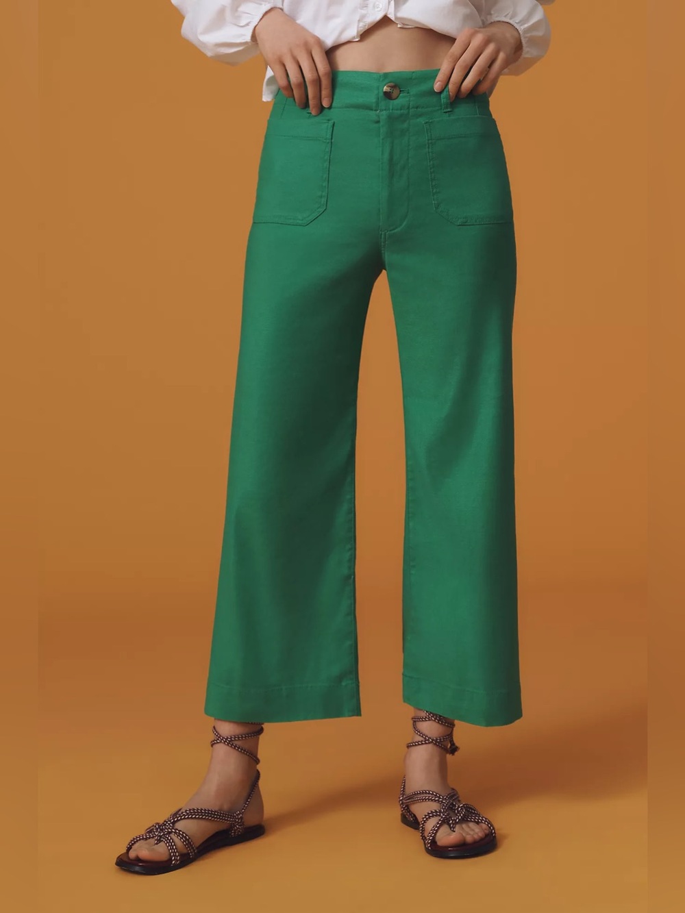Anthropologie Maeve The Colette Cropped Wide-Leg Trousers Linen Edition Green